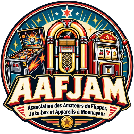 Emblème de l'AAFJAM : un flipper, un juke-box et une machine à sous sous une étoile rouge